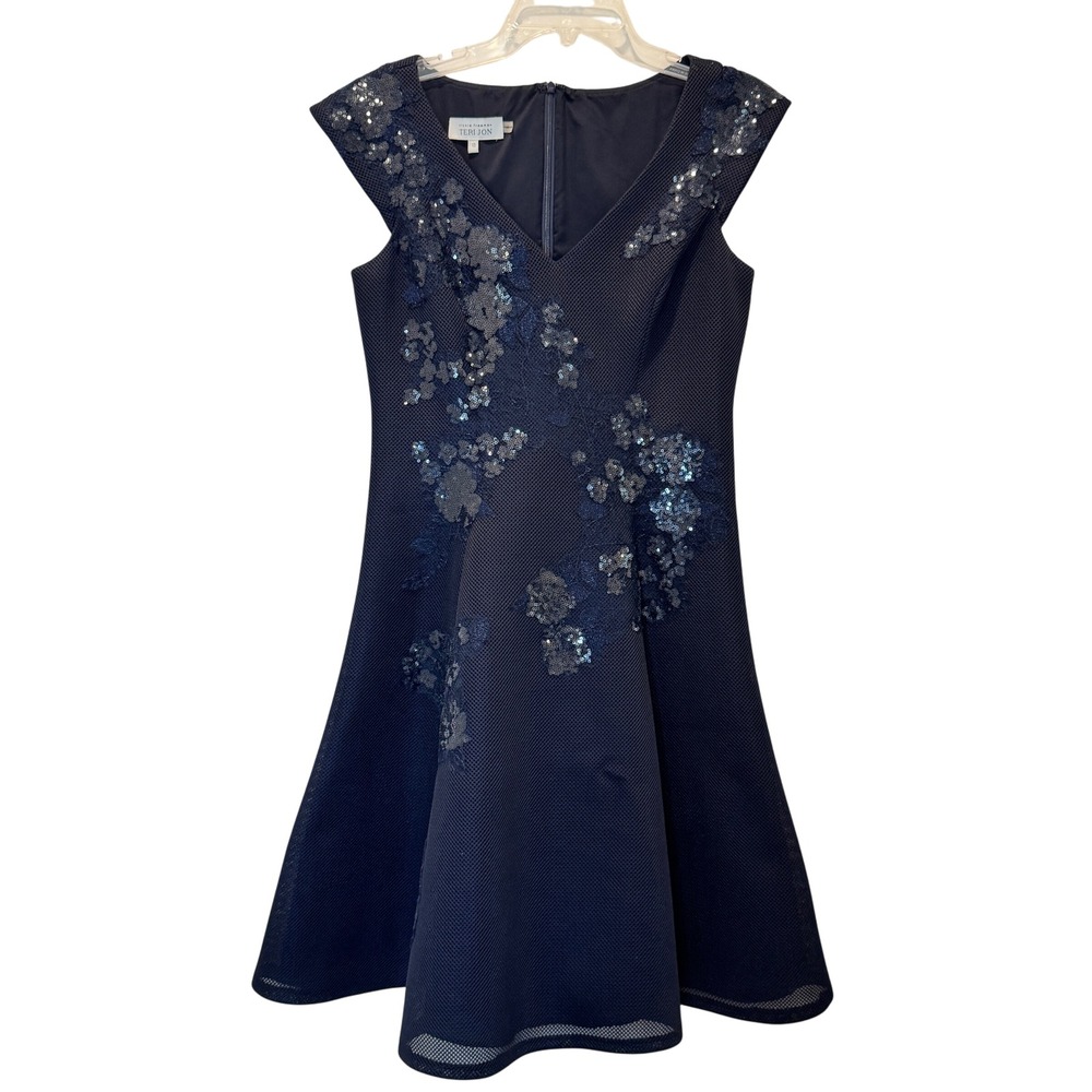 Teri Jon‎ Rickie Freeman Dress Formal Navy 10 Old Money Elegant Romantic Luxury